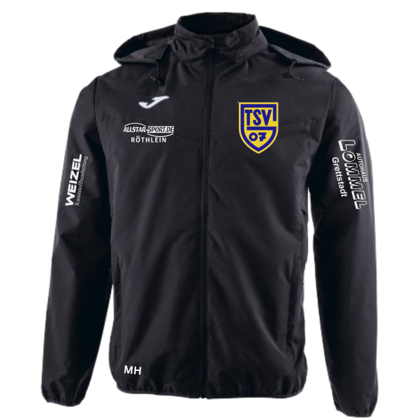 Regenjacke schwarz mit Logos und Initialen